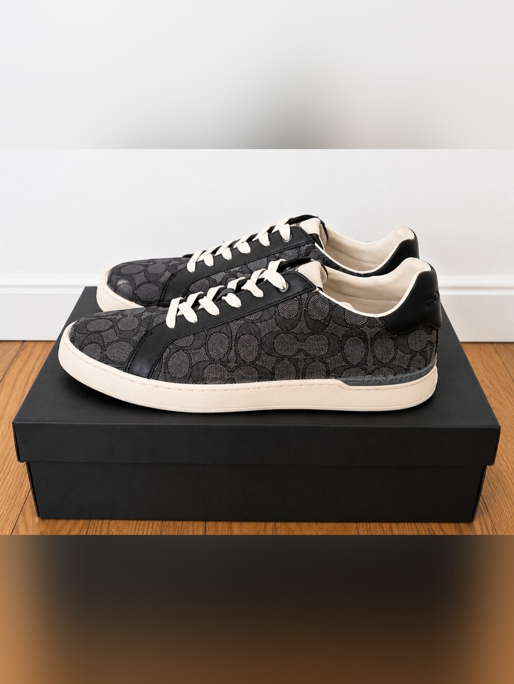 Coach Men's Low-Top Signature Monogram Sneaker in Black and Cream Leather Canvas